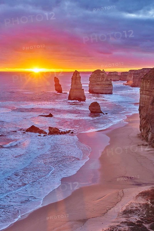 Rocky coast with the Twelve Apostles at sunset