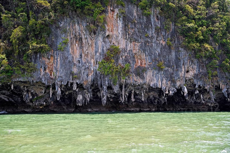 Eroded overgrown limestone rocks in Phang Nga Bay