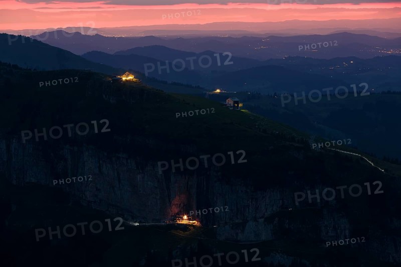 View of Ebenalp and Aescher from Alpsigel at sunset