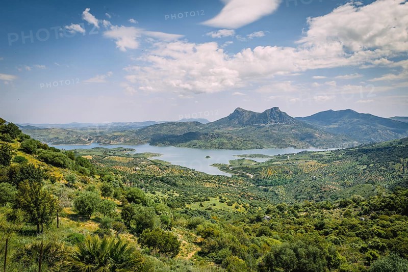 Green landscape with reservoir Zahara-El Gastor Reservoir