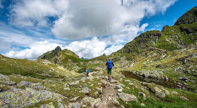 Hikers at small lakes in the Klafferkessel
