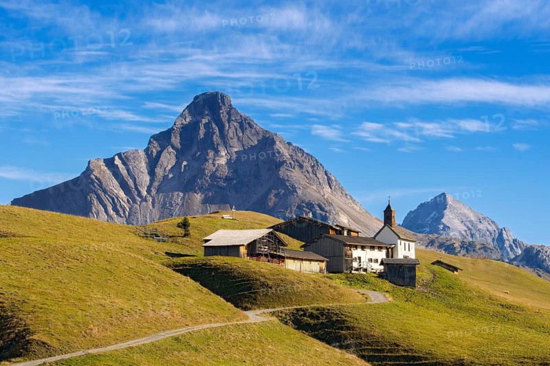 Walser settlement Burstegg with listed Catholic church of Expositurkirche