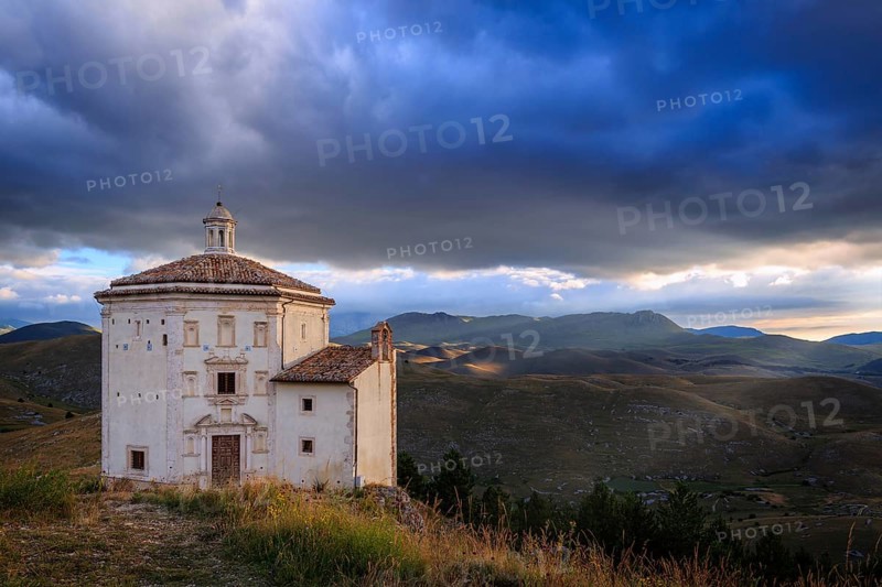 Church Santa Maria della Pieta with mountain massif Gran Sasso