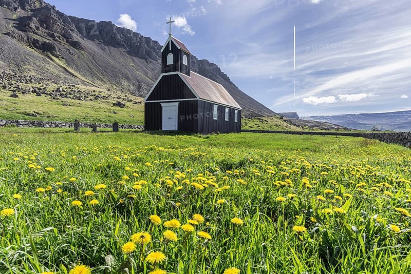 Small wooden church in Dandelion meadow