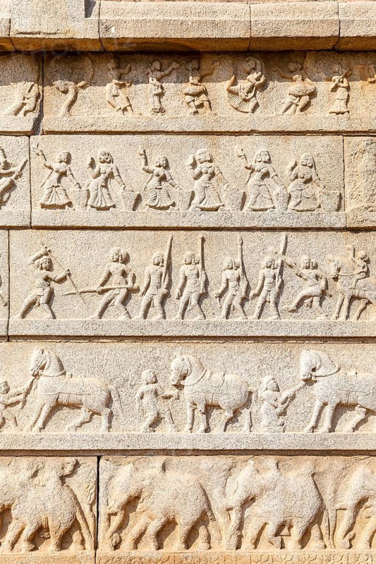 Outer walls of the Hazara Rama temple show Hindu festive procession