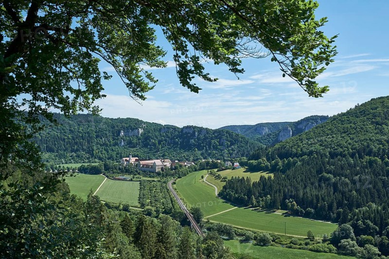 View into the upper Danube valley with the Benedictine Abbey Beuron