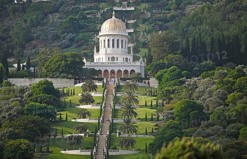 The Gardens of the Bahai on Mount Carmel and Shrine of Bab Tomb with Dome
