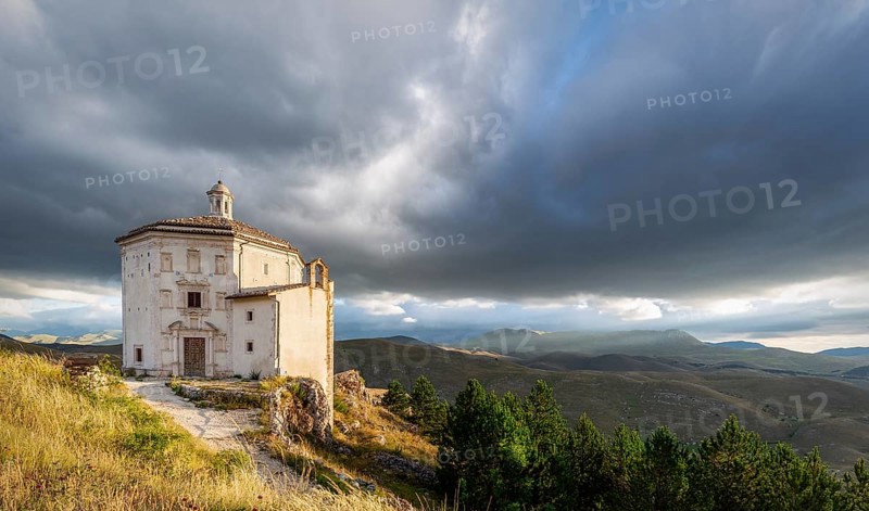 Church Santa Maria della Pieta with mountain massif Gran Sasso