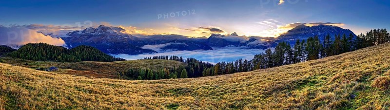 Mountain panorama Berchtesgarden Alps with Watzmann east face and Steinernes Meer at sunset