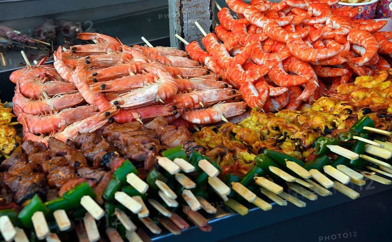 Various meat and seafood skewers