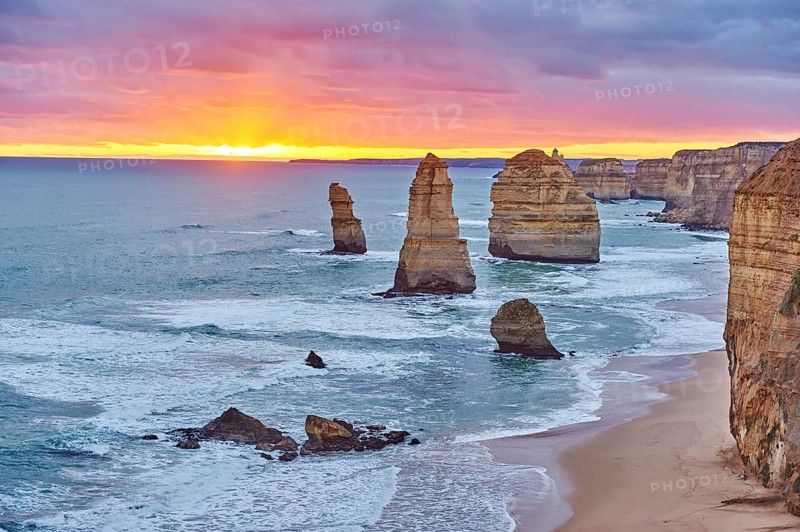 Rocky coast with the Twelve Apostles at sunset