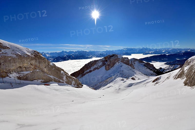 View from Mount Pilatus to the mountain range in winter