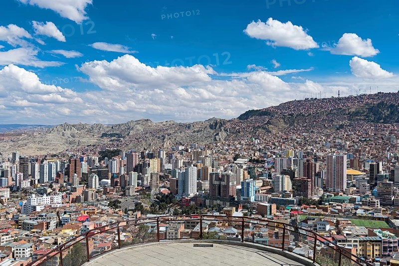 View of the city with skyscrapers in front of the mountains