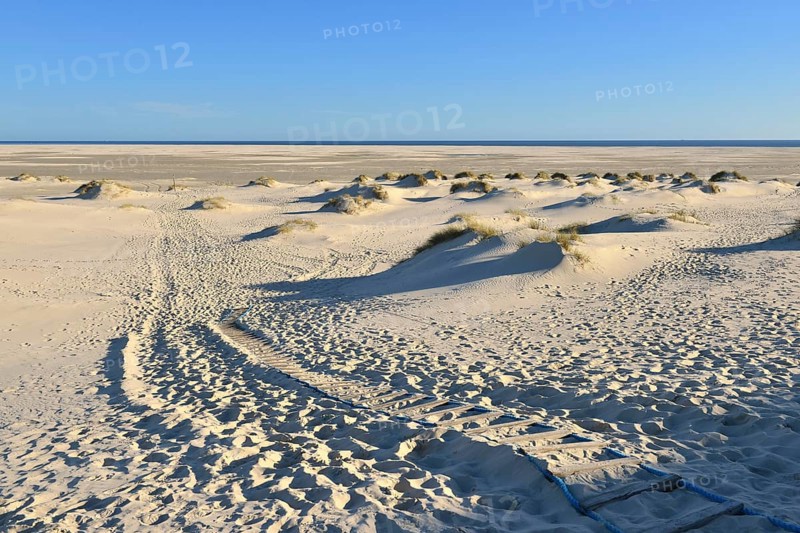 Dune crossing with footprints and Kniepsand to the horizon