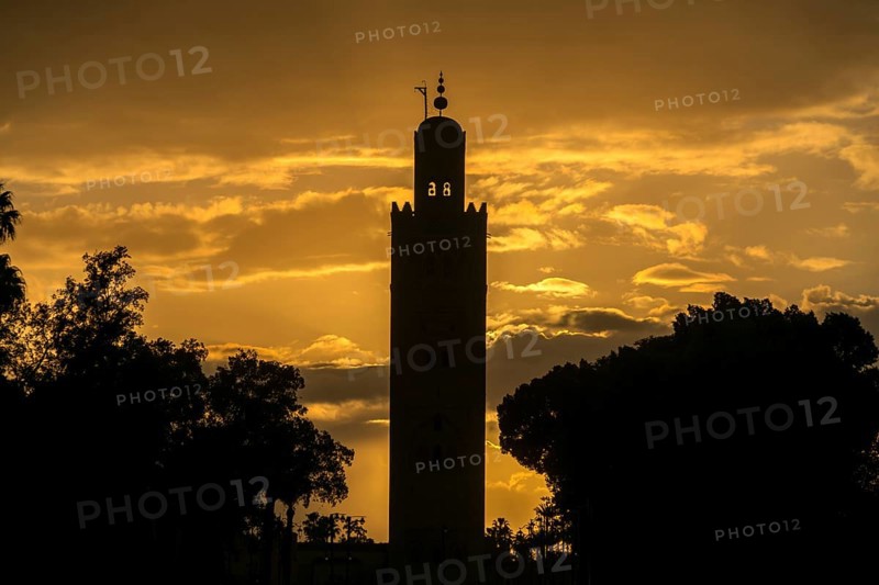 Silhouette of the Minaret of the Koutoubia Mosque at sunset