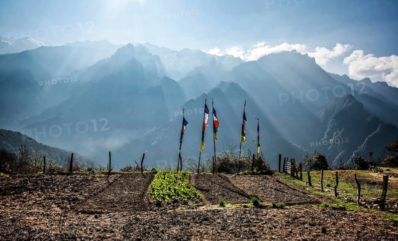 Buddhist prayer flags in front of Himalaya Mountains at sunrise