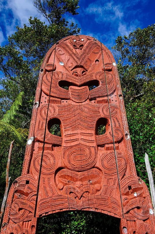 Woodecarved entrance at the Te Puia Maori Cultural Center