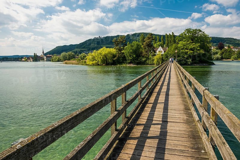 Wooden bridge crossing the Rhine River to the monastery island of Werd