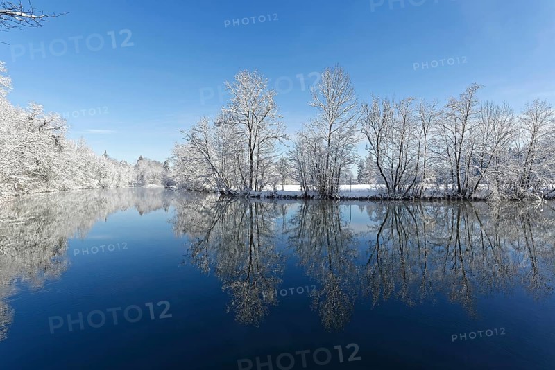 River Loisach with snow-covered trees on the banks