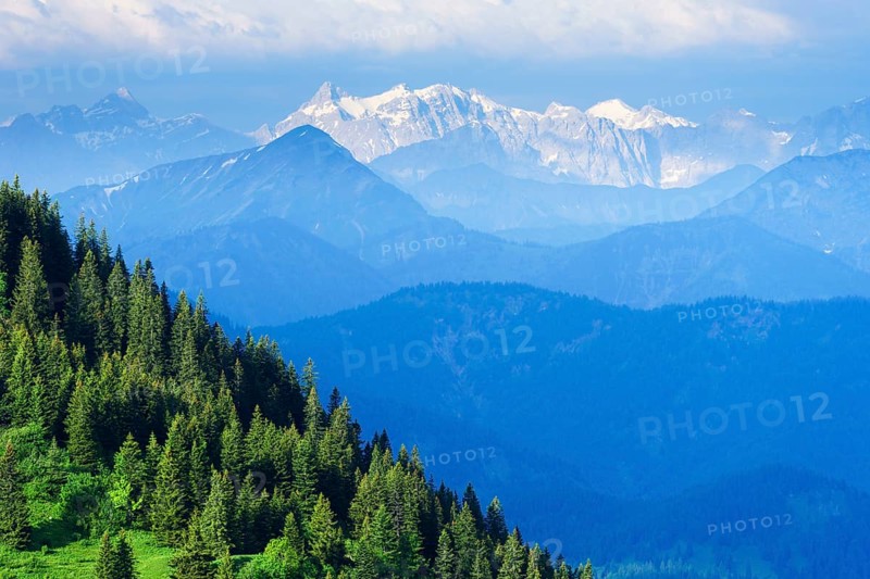 View from Wallberg am Tegernsee into the Karwendel Mountains with Kaltwasserkar