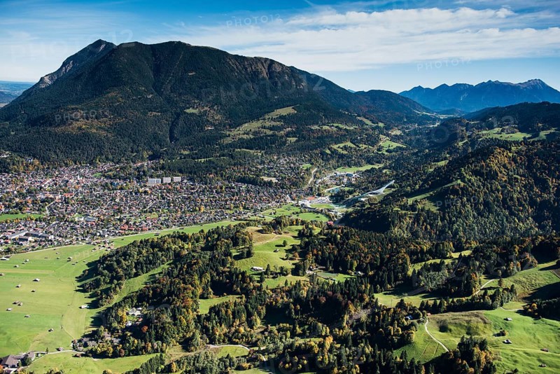 Partenkirchen in front of the Wank with ski jump at Gudiberg