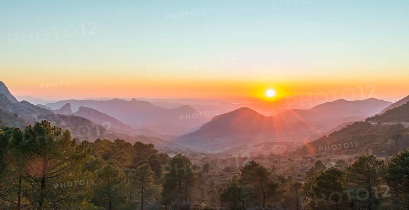 Wooded mountain landscape at sunset