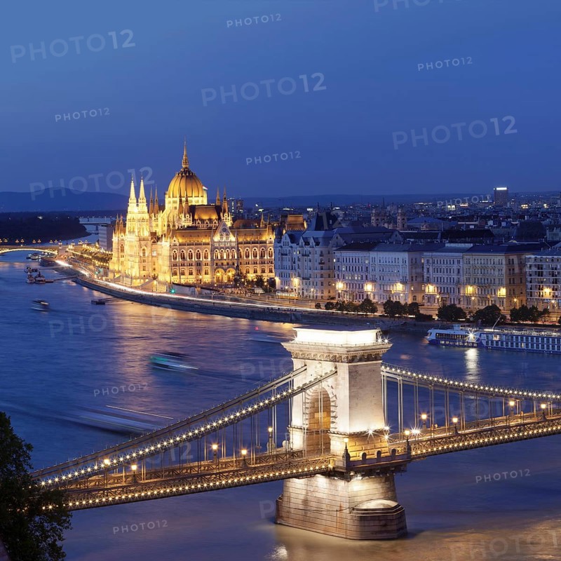 View from the castle hill over the Szechenyi Chain Bridge to the parliament