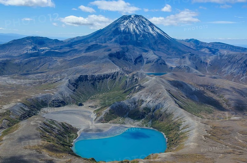 Aerial view of the blue lake before Mount Ngauruhoe