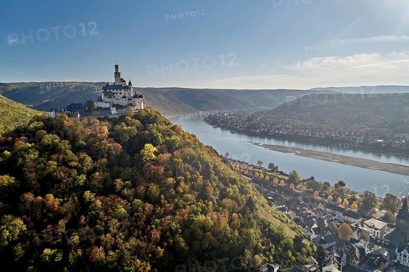 Marksburg Castle in the UNESCO World Cultural Heritage Upper Middle Rhine Valley high above the Rhine near Braubach