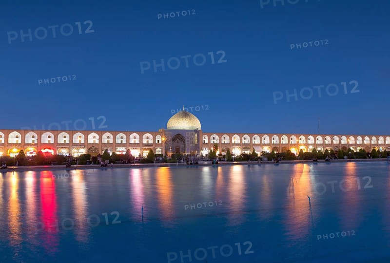 Illuminated Imam square with Lotfollah mosque during blue hour