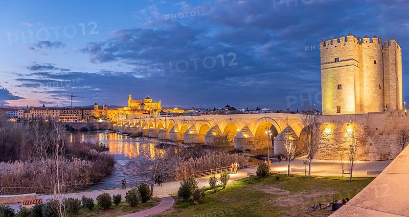 Illuminated fortress Torre de la Calahorra with Puente Romano