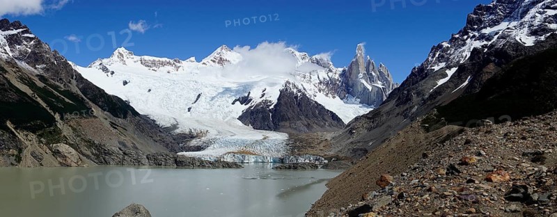 Snowy mountain range with Cerro Torre and Laguna Torre