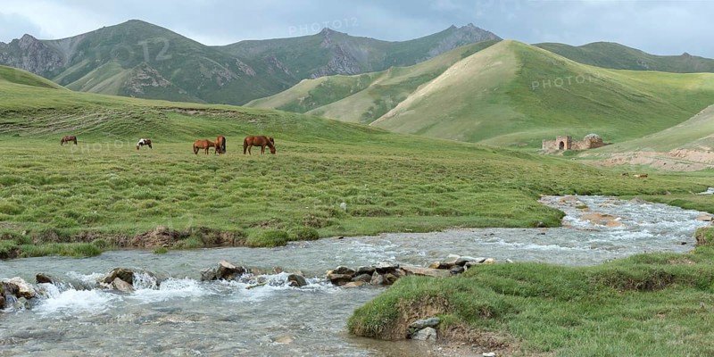 Tash Rabat with horses on meadow and mountain river