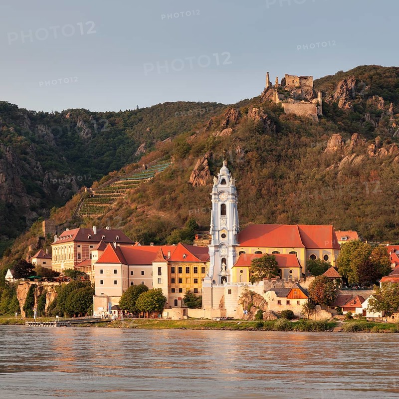 View over the Danube to Durnstein with collegiate church and castle ruin