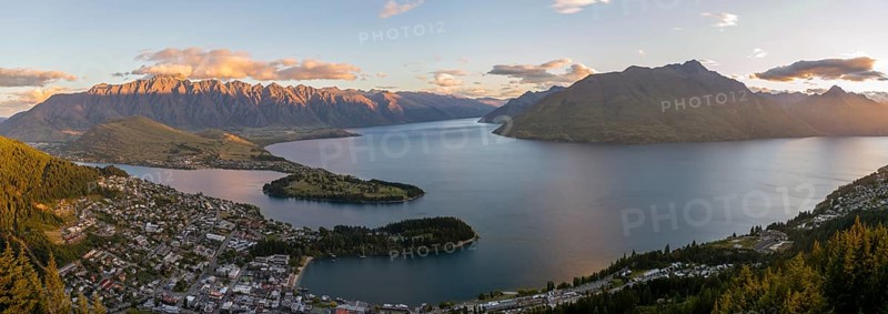 View of Lake Wakatipu and Queenstown at sunset