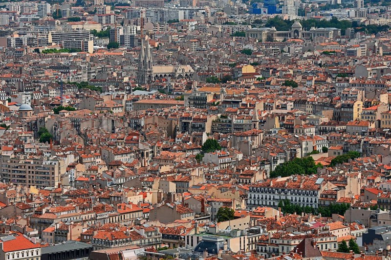 View from Notre-Dame de la Garde over the city with the church Saint-Vincent de Paul, Marseille