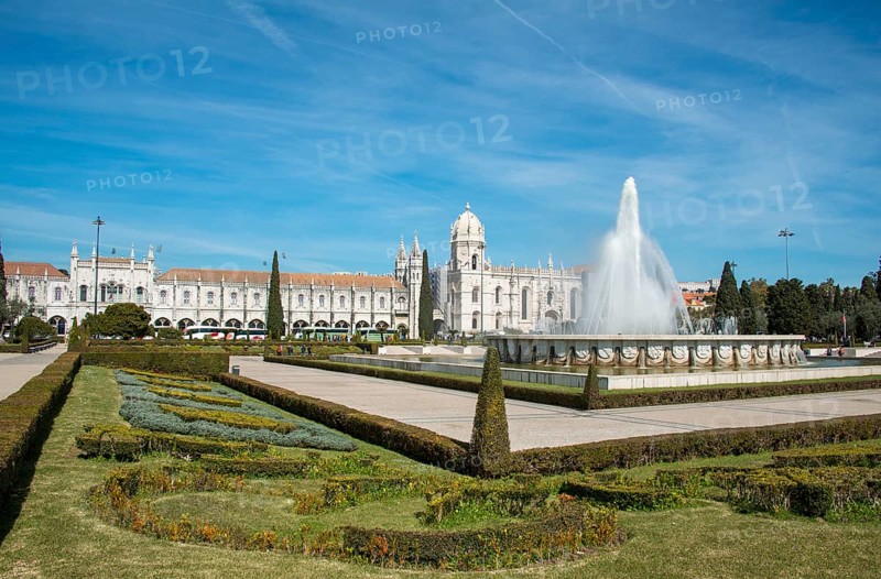 Fountain in the Jardim da Praca do Imperio with Mosteiro dos Jeronimos