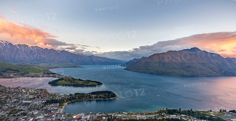 View of Lake Wakatipu and Queenstown after sunset