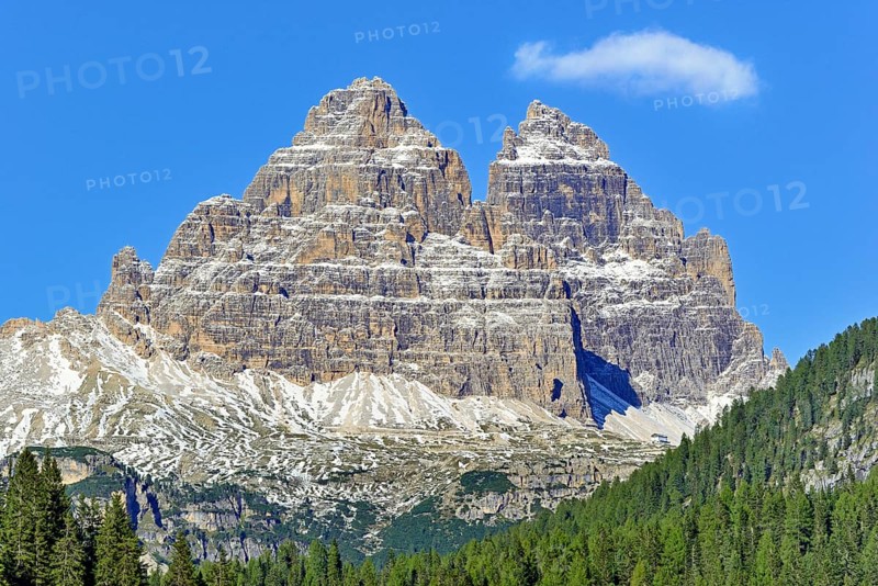 Three Peaks of Lavaredo south walls and Auronzo mountain hut 2320 m