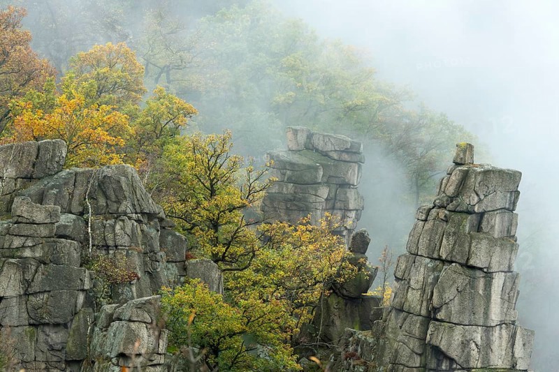 Rock spires in fog