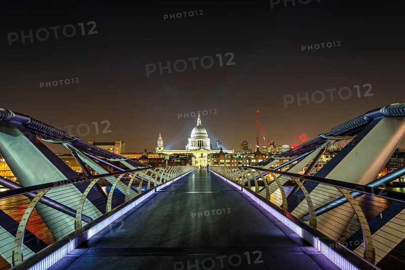 Illuminated Millennium Bridge and St. Paul's Cathedral