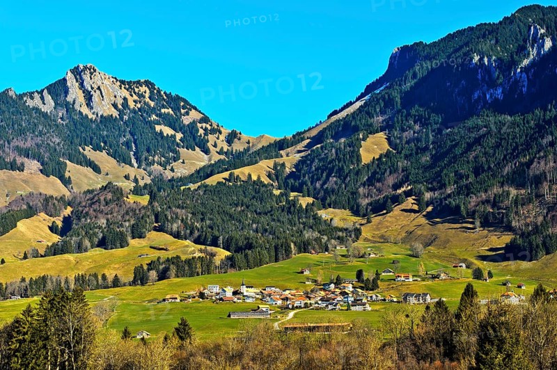 Landscape of the region of La Gruyere with the locality of Estavannens