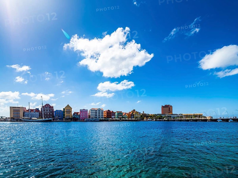 Colorful row of houses in Dutch-Caribbean colonial style on the waterfront