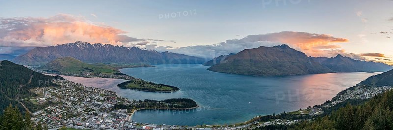 View of Lake Wakatipu and Queenstown at sunset