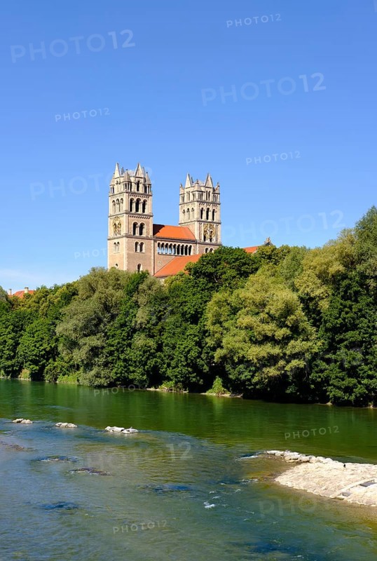 Isar river and church of St. Maximilian in the Glockenbachviertel