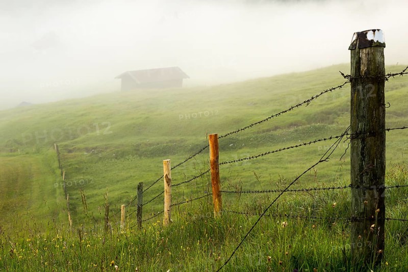 Pasture fence on mountain meadow with small cabin in the fog