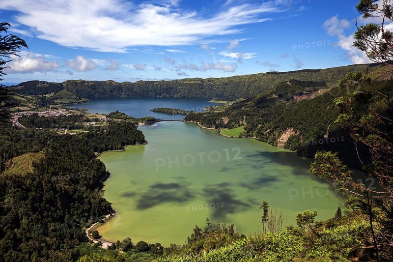 View of the volcanic crater Caldera Sete Cidades with the crater lakes Lagoa Verde and Lago Azul