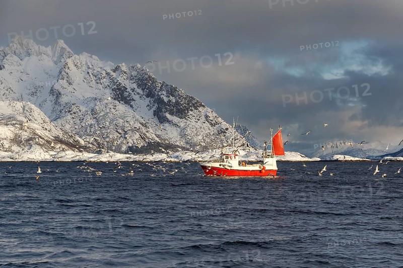 Fishing boat in front of snow-covered mountains