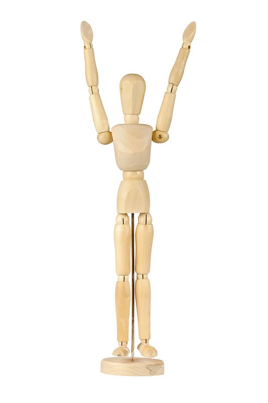 Wooden stickman with arms raised