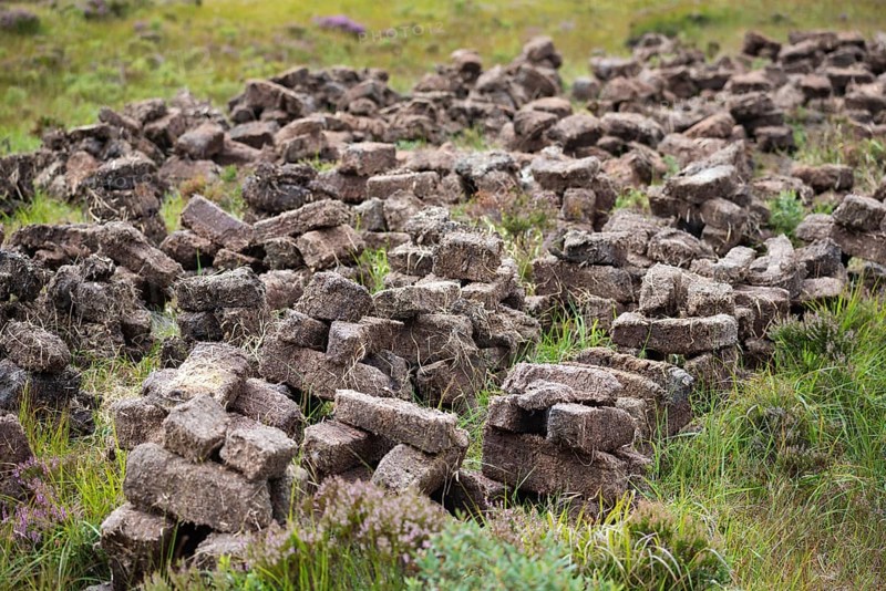 Engraved and stacked peat are drying on a heath